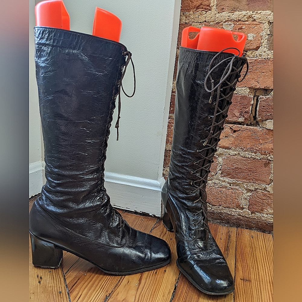 Christian Dior Vintage Edwardian Style Patent Brow Leather Lace-Up Heeled Boots